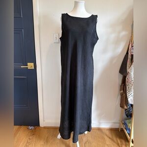 Eileen Fisher 100% Irish Linen Charcoal Black Bias Cut Windowpane Midi Dress L